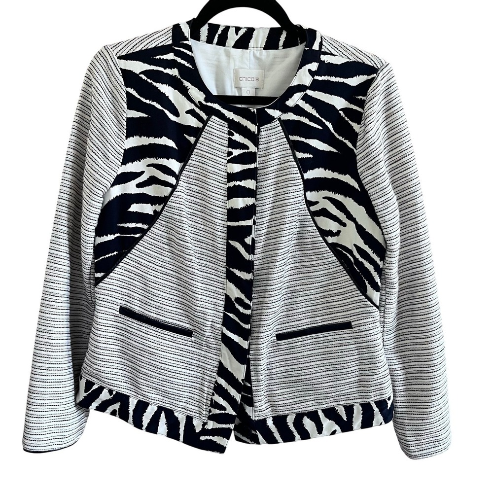Chicos Zebra Print Mixed Media‎ Textured Jacket Size 0 | US 4 Small (L386)